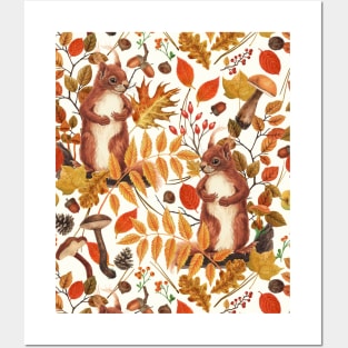 Autumn squirrels and autumnal flora on off white Posters and Art